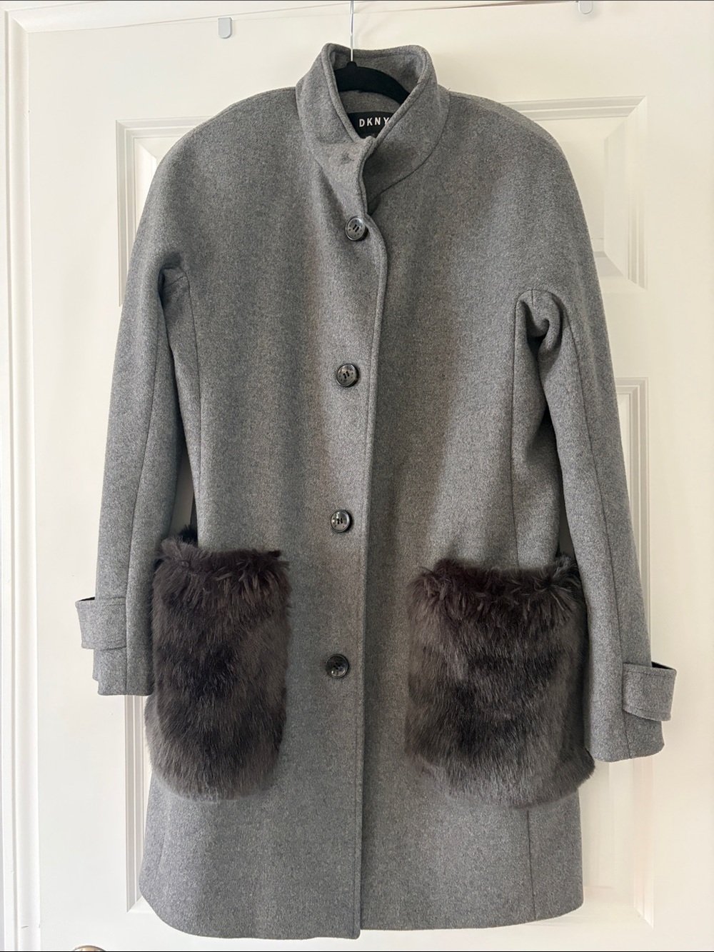 DKNY Gray Wool Pea Coat with Dark Faux Fur Pocket Trim